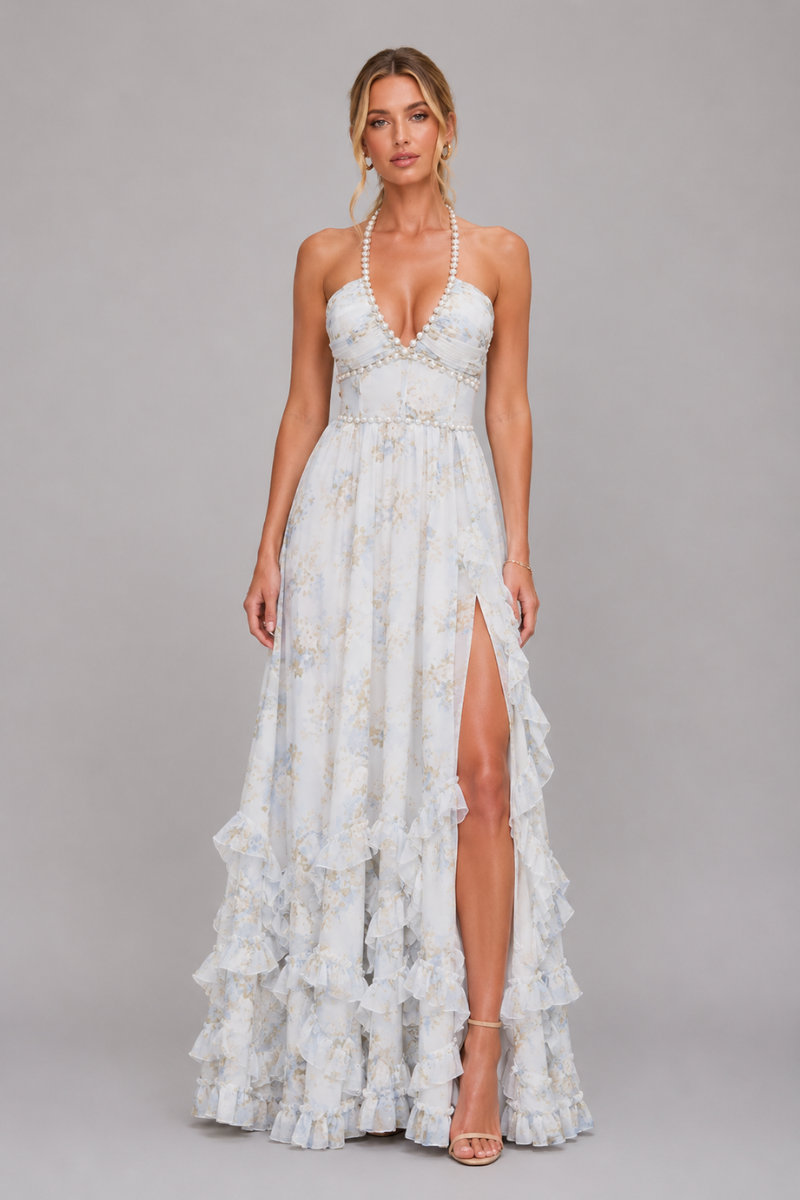 Women's Floral Halter V-Neck Slit Maxi Dress – Elegant Summer Occasion Dress