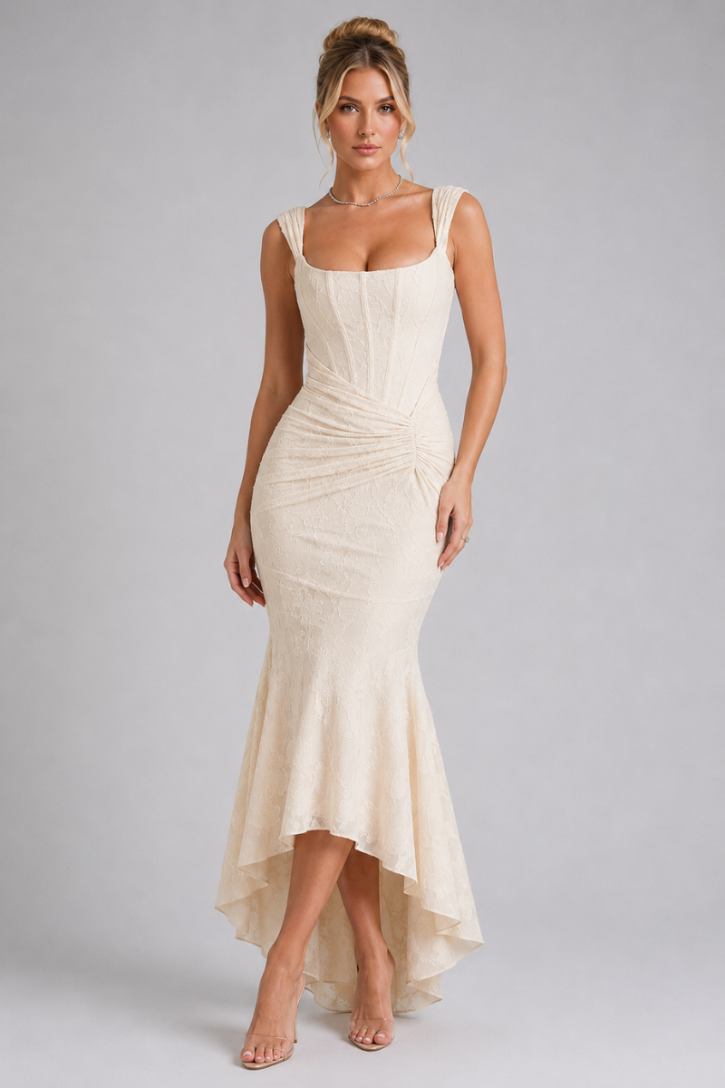 Women's Floral Lace V Neck Midi Dress – Elegant Occasion and Wedding Guest Dress