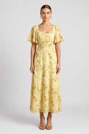 Women's Floral Maxi Dress with Square Neck - Flutter Sleeves and Ruched Bodice