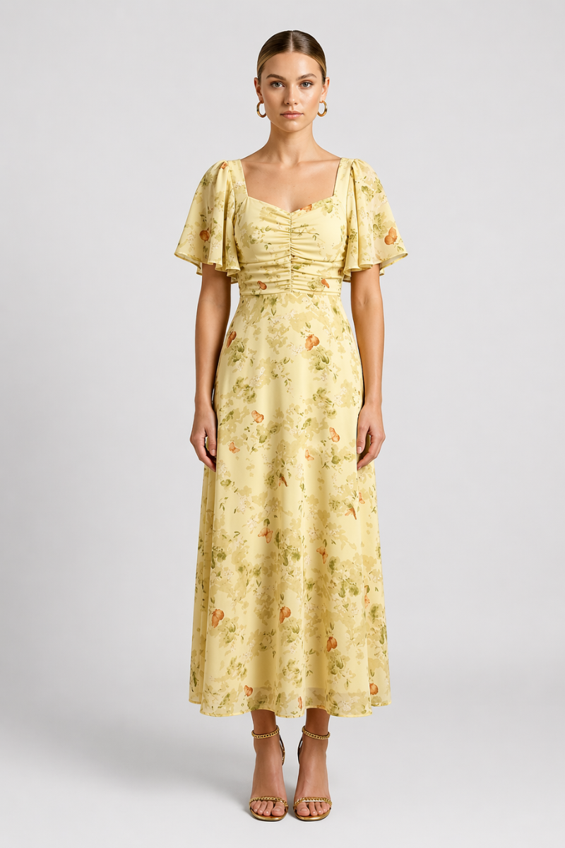 Women's Floral Maxi Dress with Square Neck - Flutter Sleeves and Ruched Bodice