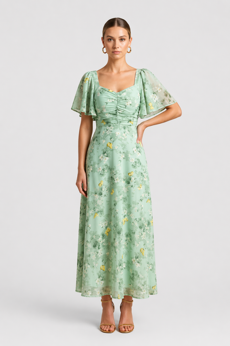 Women's Floral Maxi Dress with Square Neck - Flutter Sleeves and Ruched Bodice