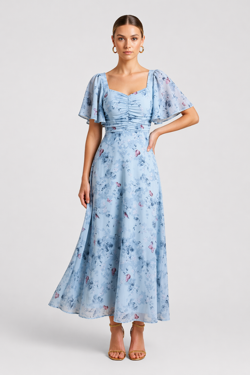 Women's Floral Maxi Dress with Square Neck - Flutter Sleeves and Ruched Bodice