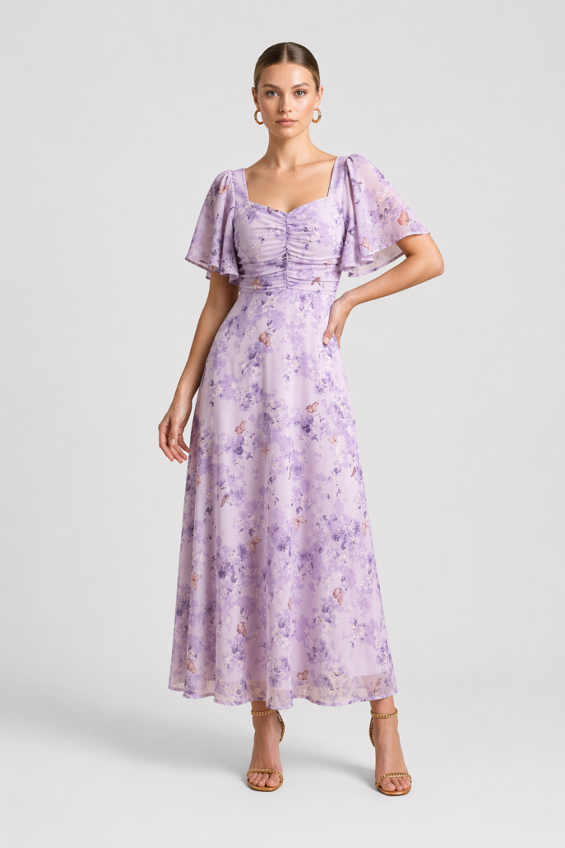 Women's Floral Maxi Dress with Square Neck - Flutter Sleeves and Ruched Bodice