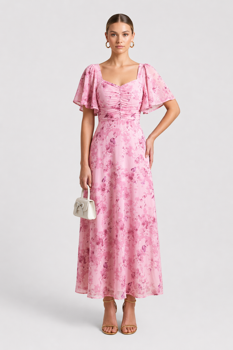 Women's Floral Maxi Dress with Square Neck - Flutter Sleeves and Ruched Bodice