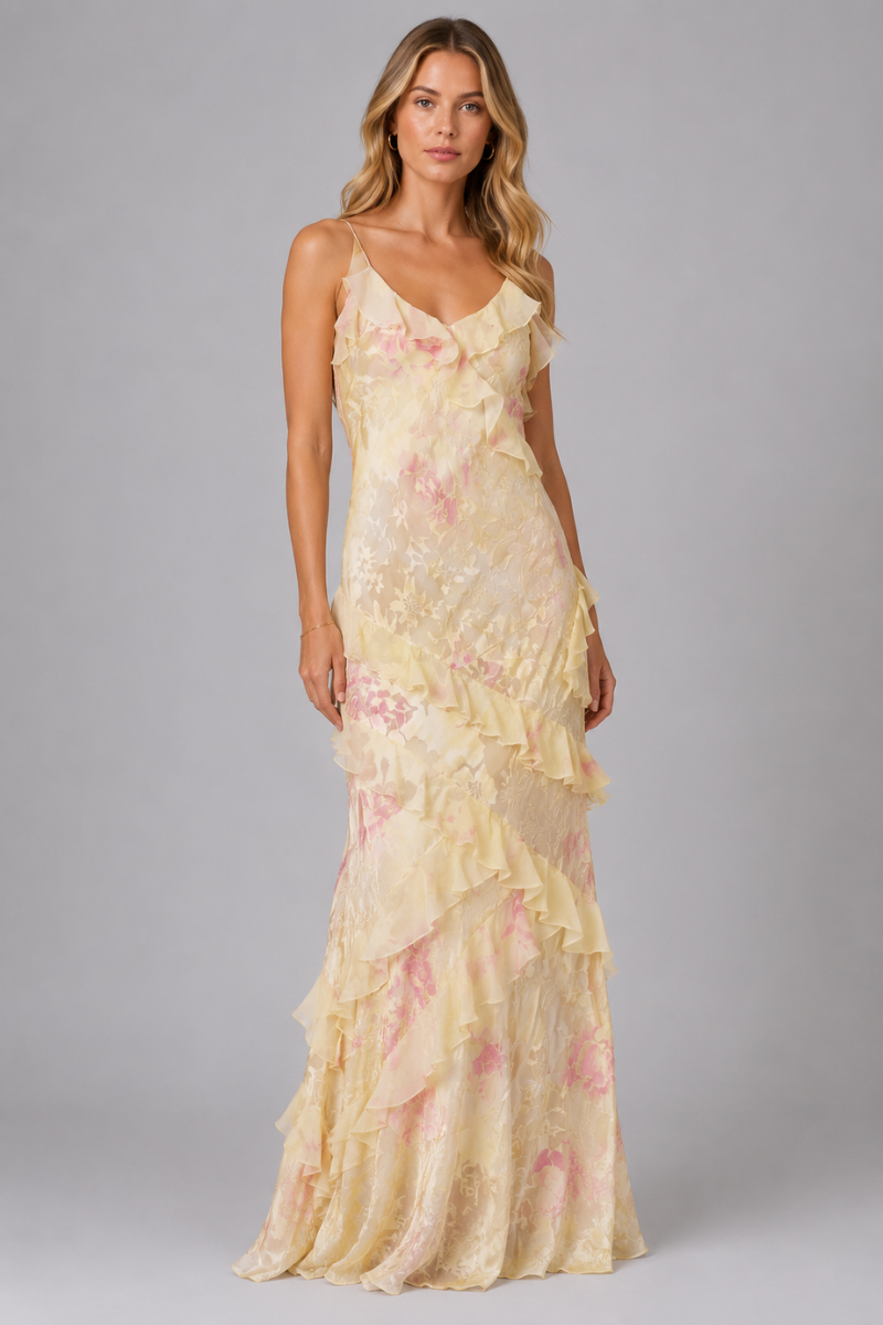 Women's Floral Ruffle Strap Maxi Dress – Elegant Summer Occasion Dress