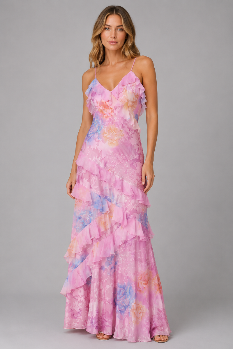 Women's Floral Ruffle Strap Maxi Dress – Elegant Summer Occasion Dress