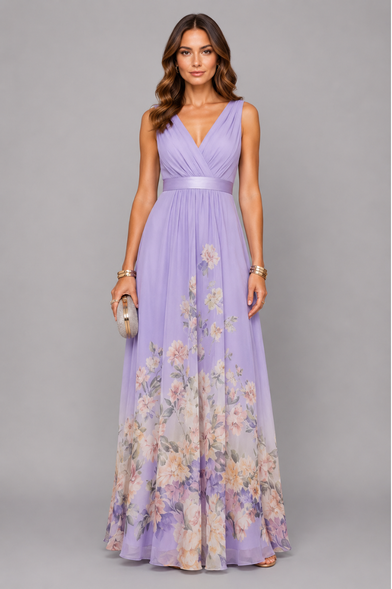 Women's Floral V Neck Maxi Dress – Elegant Wedding Guest Occasion Dress