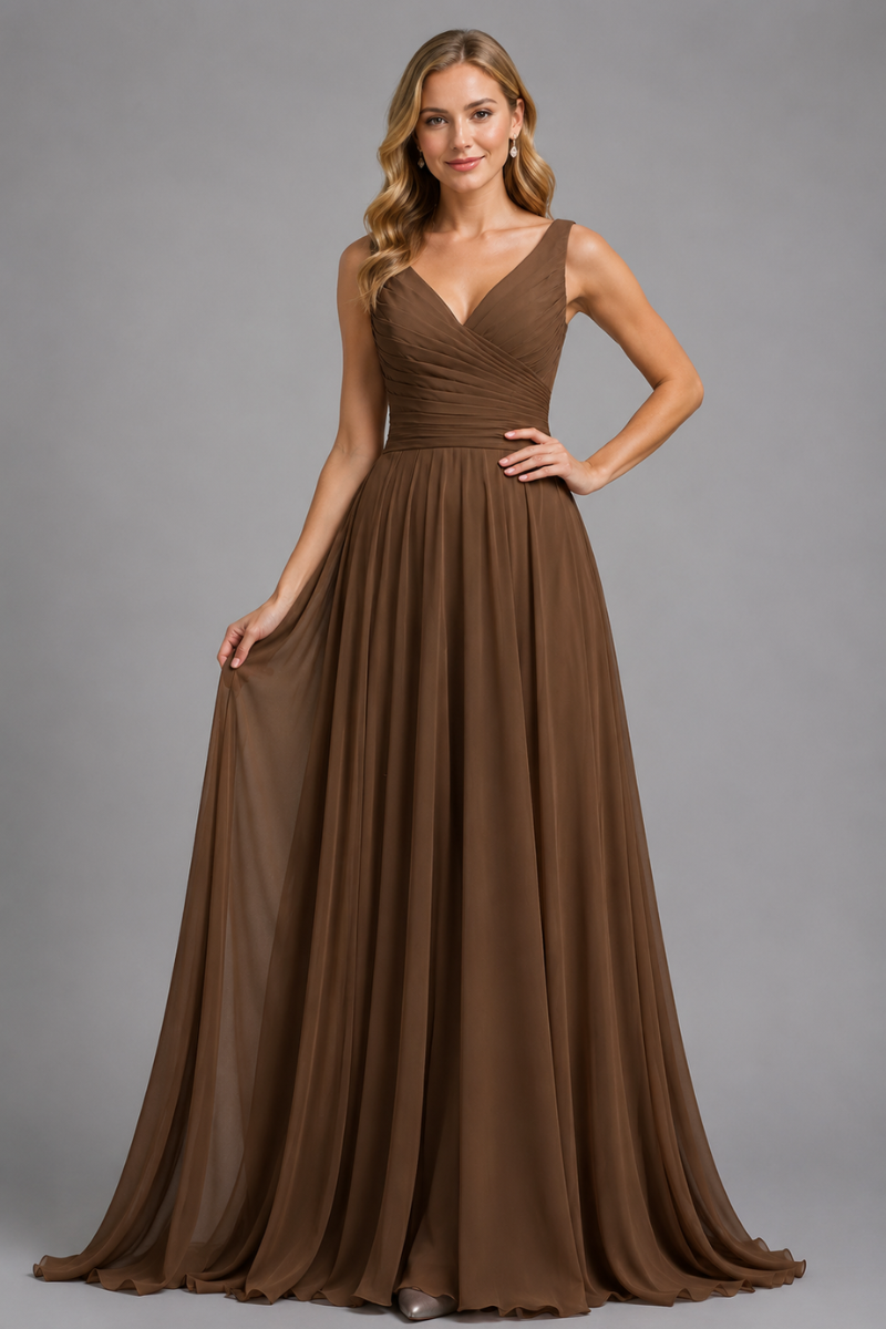Women's Full Length Chiffon Maxi Dress with Bow in Rust