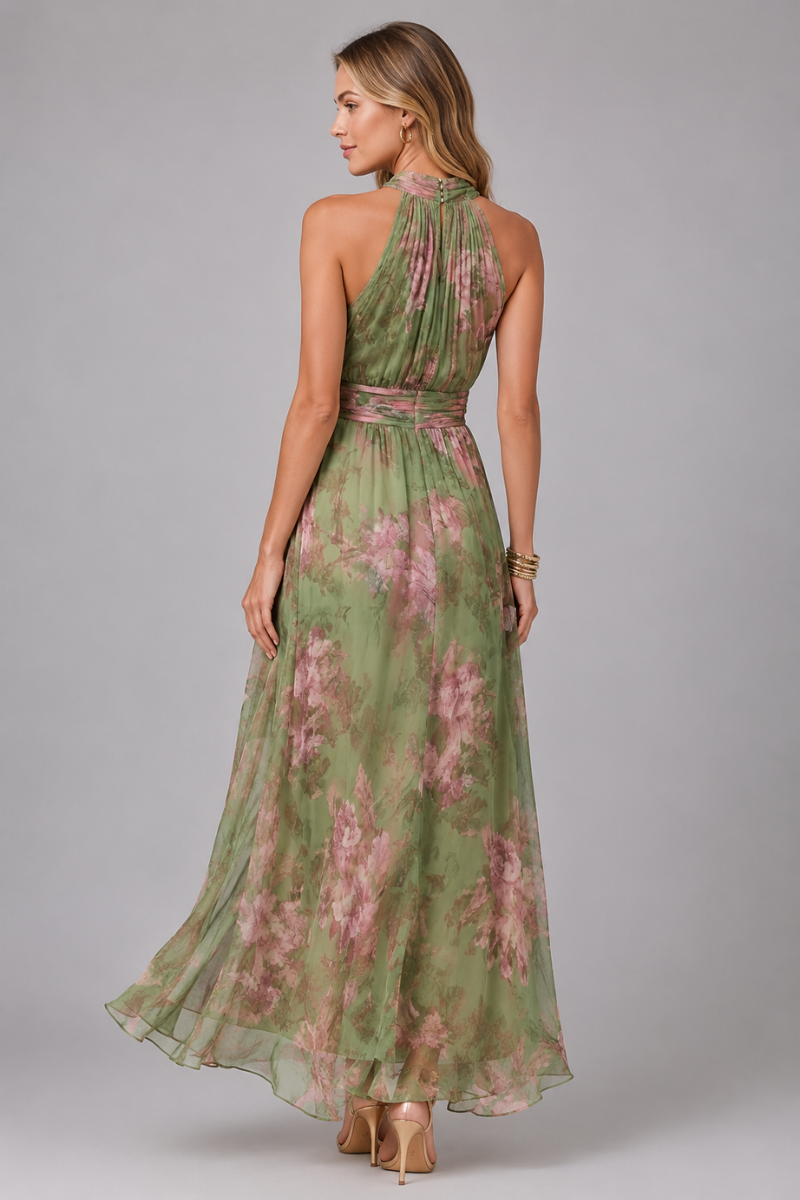 Women's Green Floral Halter Maxi Dress – Elegant Wedding Guest Occasion Dress