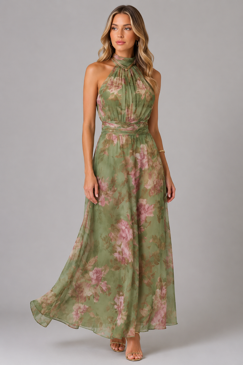 Women's Green Floral Halter Maxi Dress – Elegant Wedding Guest Occasion Dress