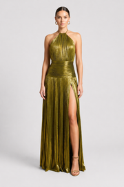 Women's Green Halter Neck Maxi Dress - High Slit Evening Dress