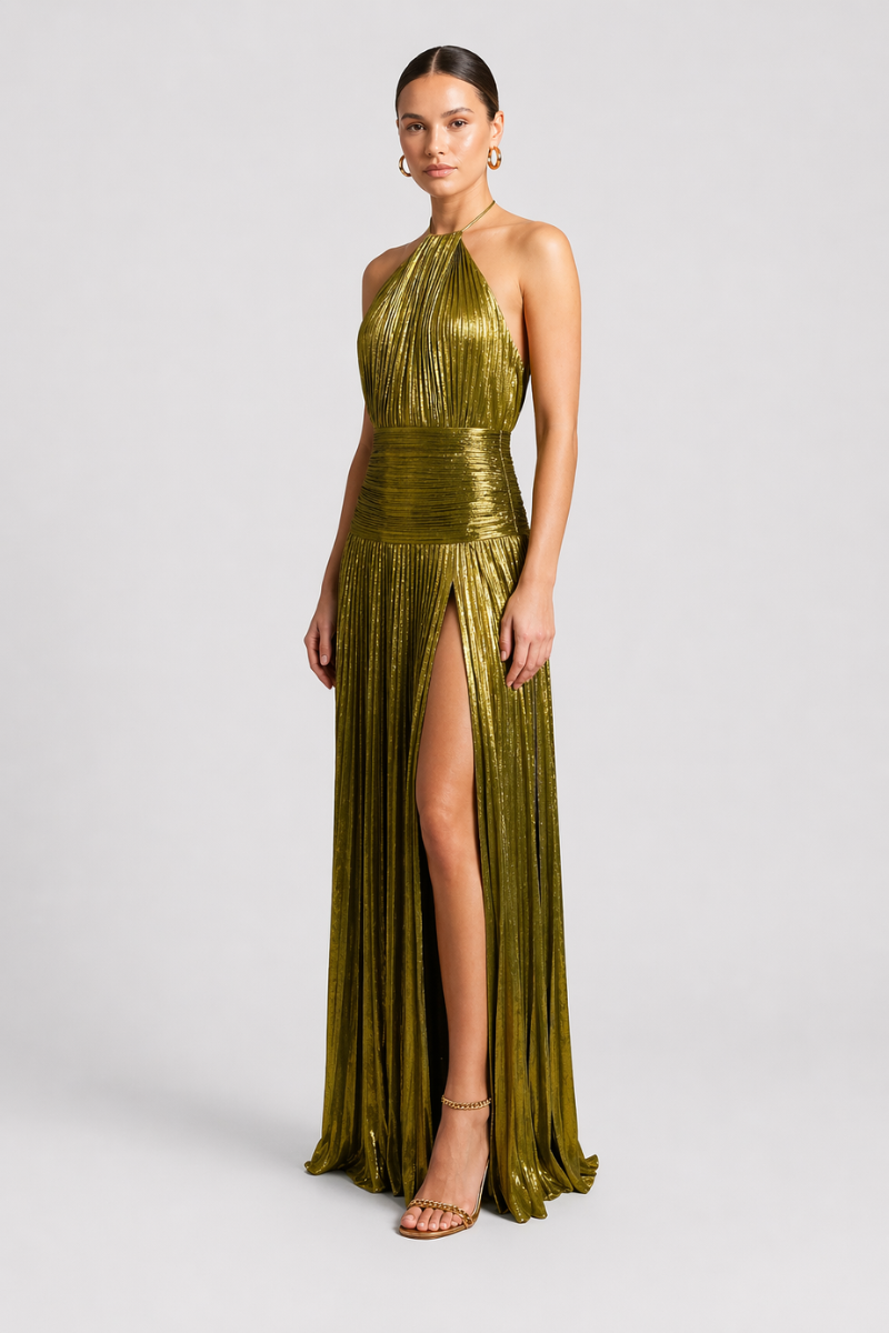 Women's Green Halter Neck Maxi Dress - High Slit Evening Dress