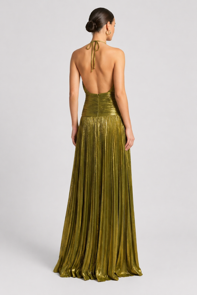 Women's Green Halter Neck Maxi Dress - High Slit Evening Dress