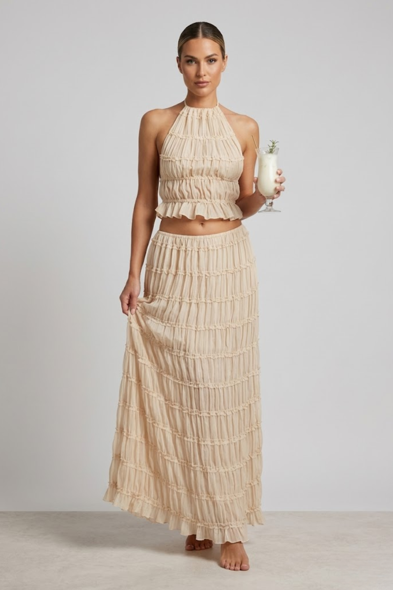 Women's Halter Backless Two Piece Set Ruched Top and Maxi Skirt Summer Beach Outfit