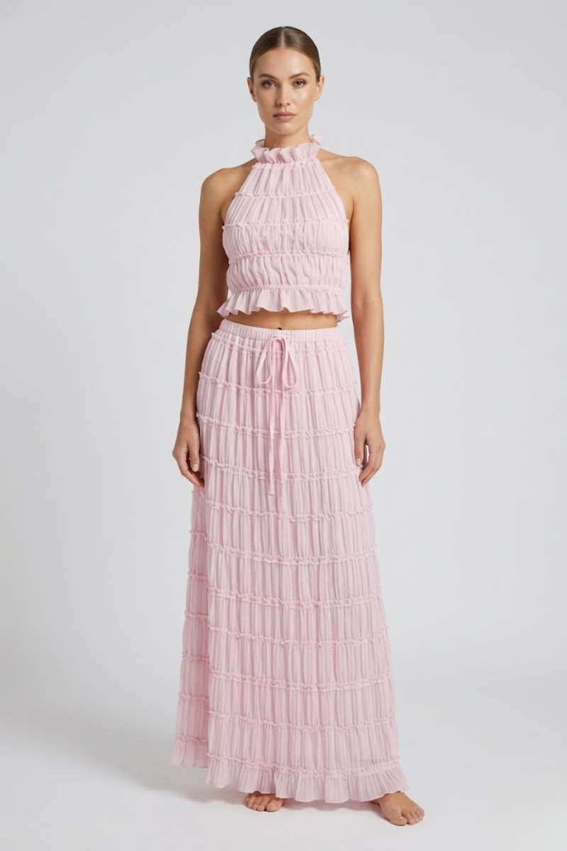 Women's Halter Backless Two Piece Set Ruched Top and Maxi Skirt Summer Beach Outfit