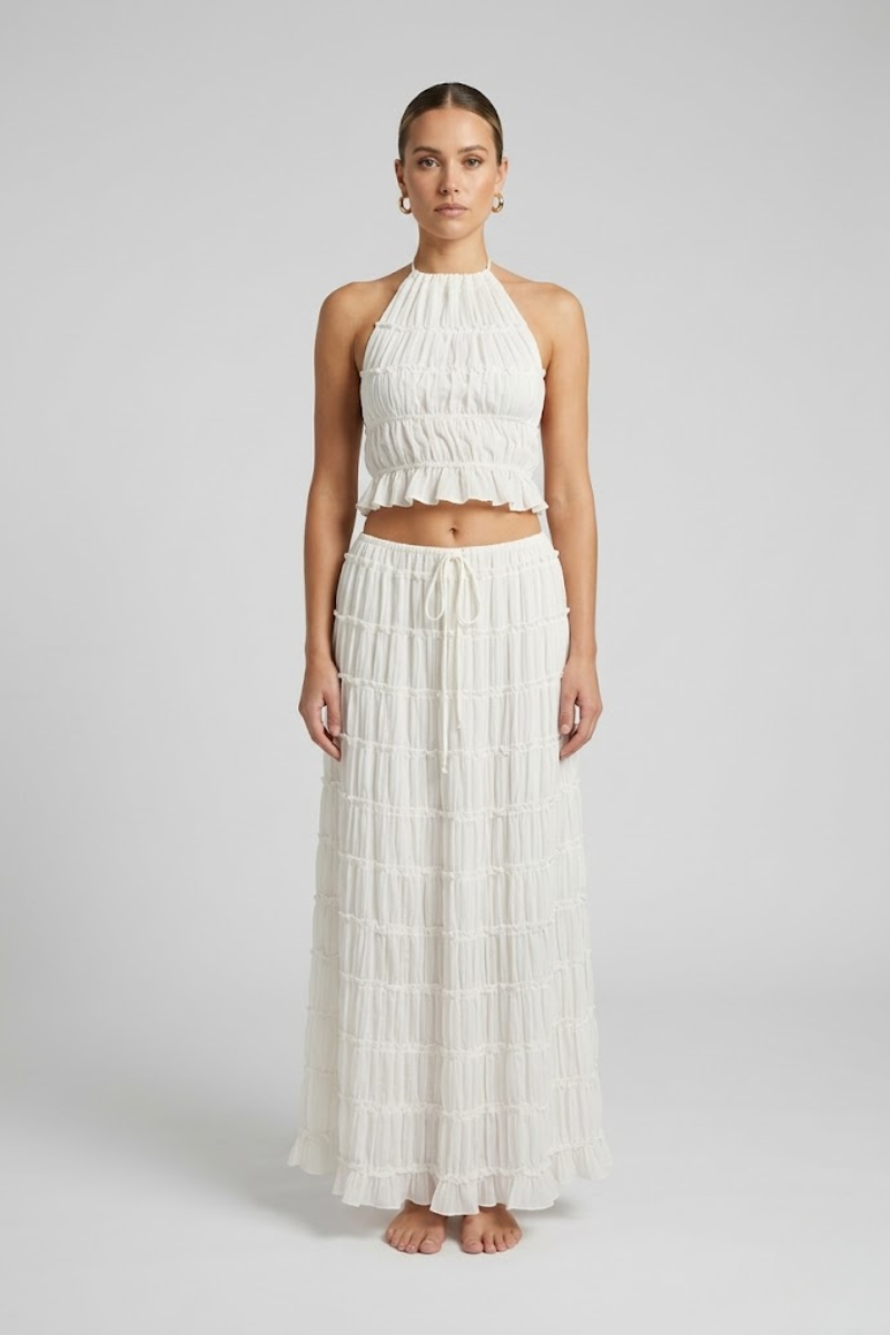 Women's Halter Backless Two Piece Set Ruched Top and Maxi Skirt Summer Beach Outfit