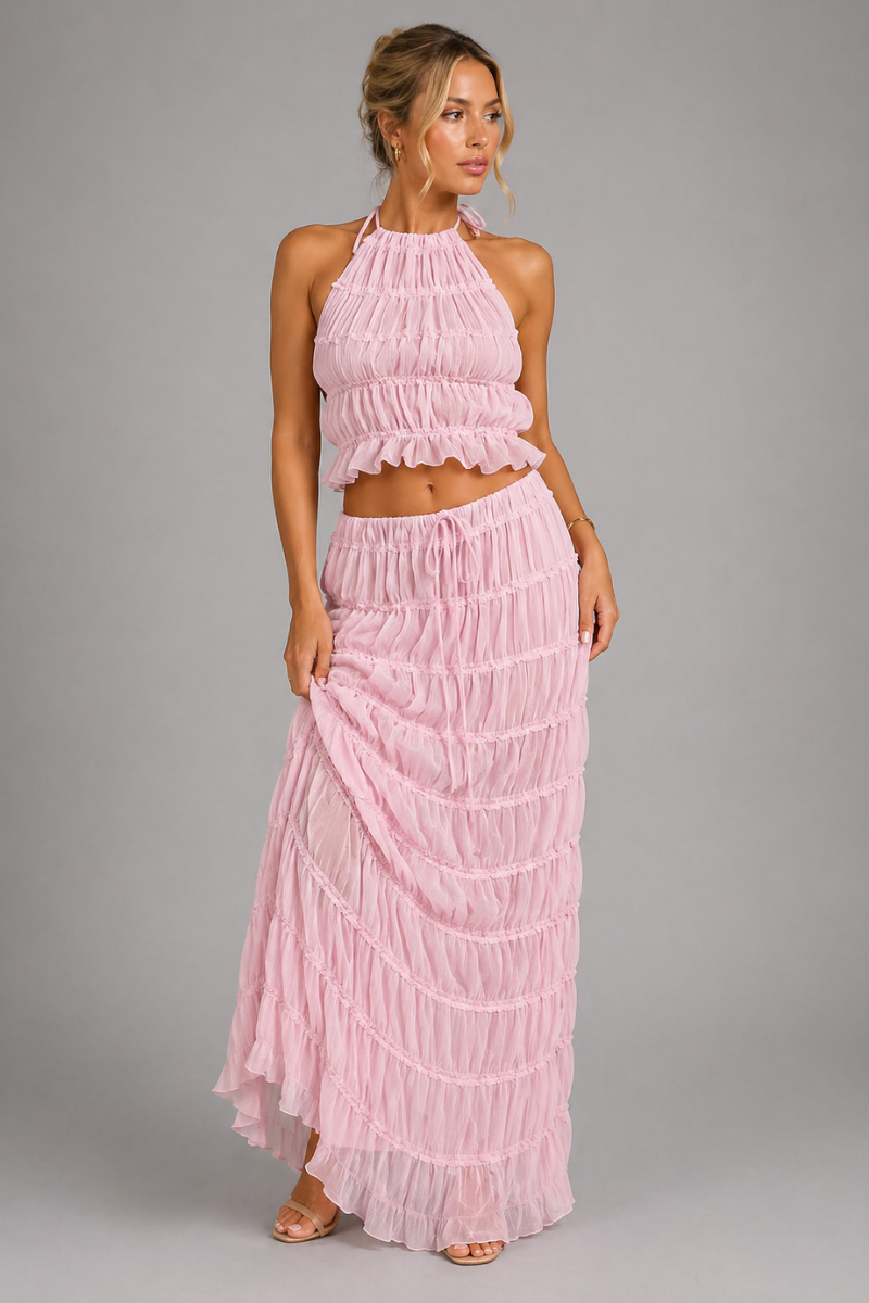 Women's Halter Backless Two Piece Set Ruched Top and Maxi Skirt Summer Beach Outfit