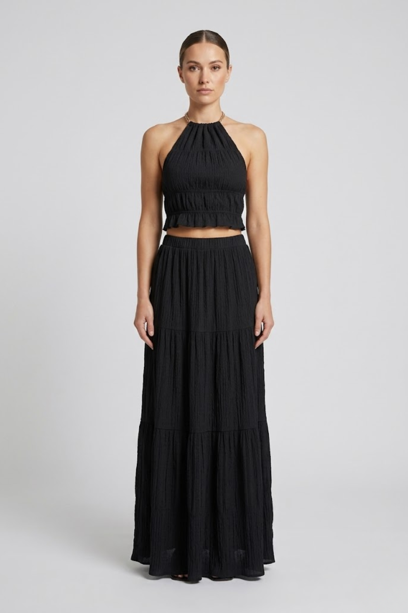 Women's Halter Backless Two Piece Set Ruched Top and Maxi Skirt Summer Beach Outfit