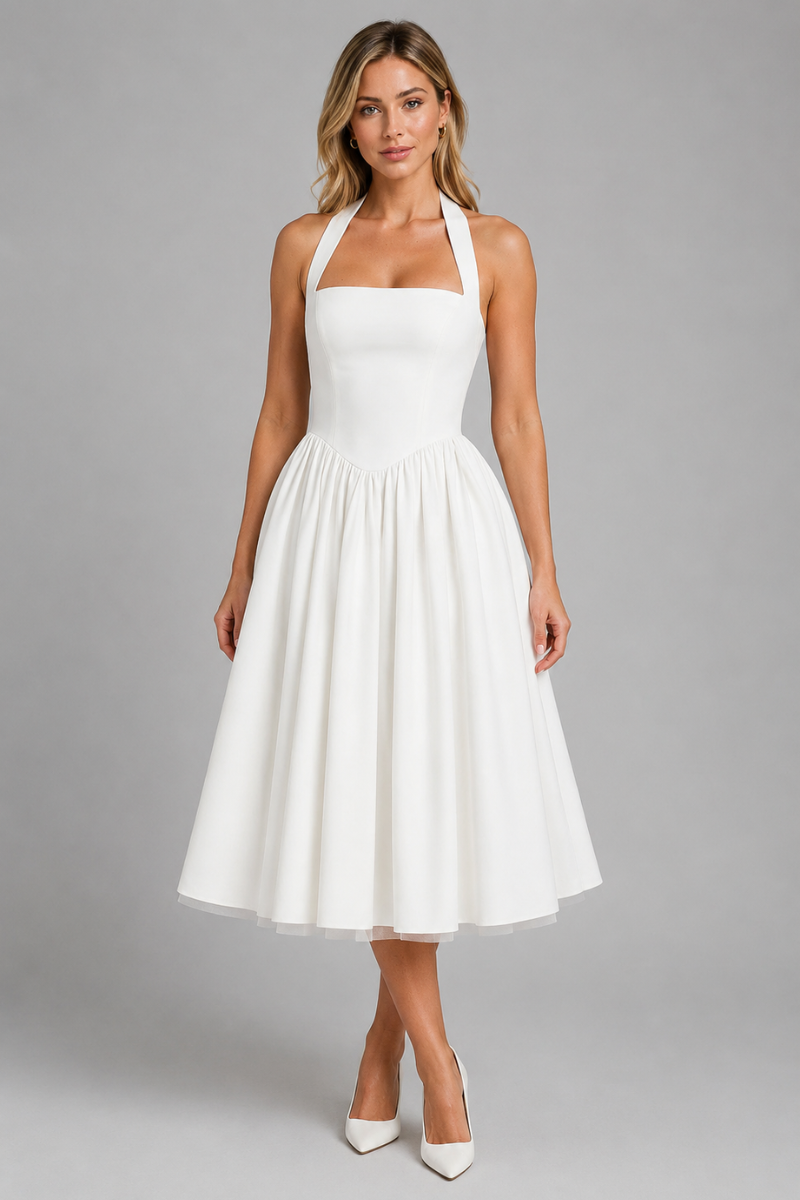 Damen Halter Neck A-Linien Midi Kleid – Elegantes Anlasskleid