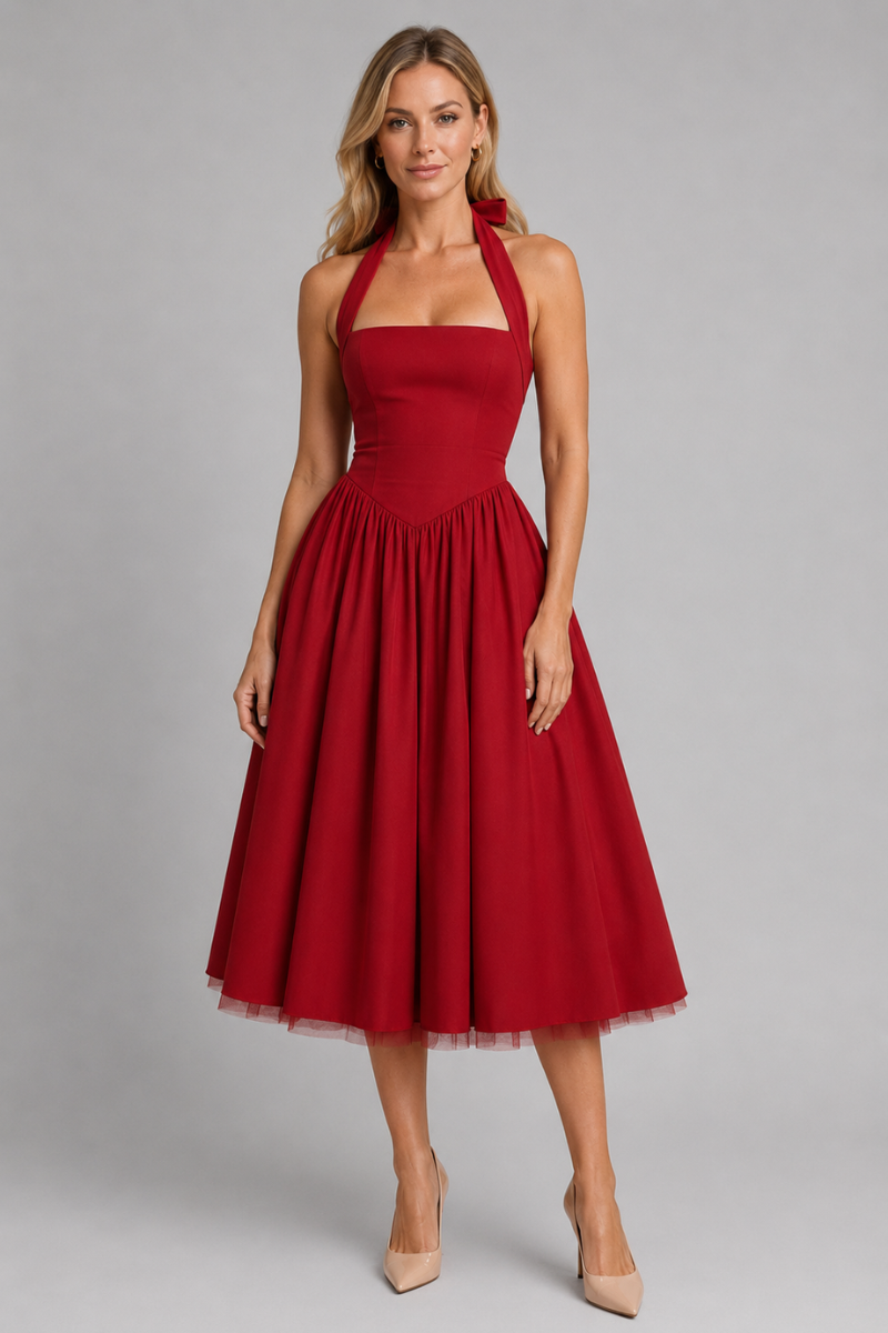 Damen Halter Neck A-Linien Midi Kleid – Elegantes Anlasskleid