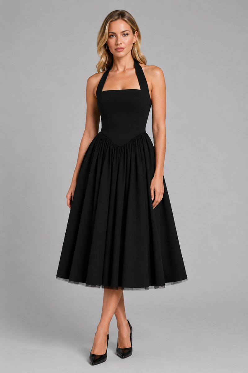 Damen Halter Neck A-Linien Midi Kleid – Elegantes Anlasskleid