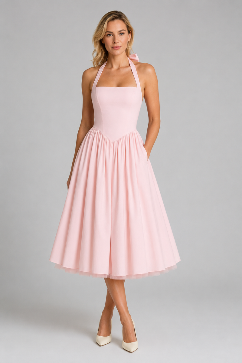 Damen Halter Neck A-Linien Midi Kleid – Elegantes Anlasskleid