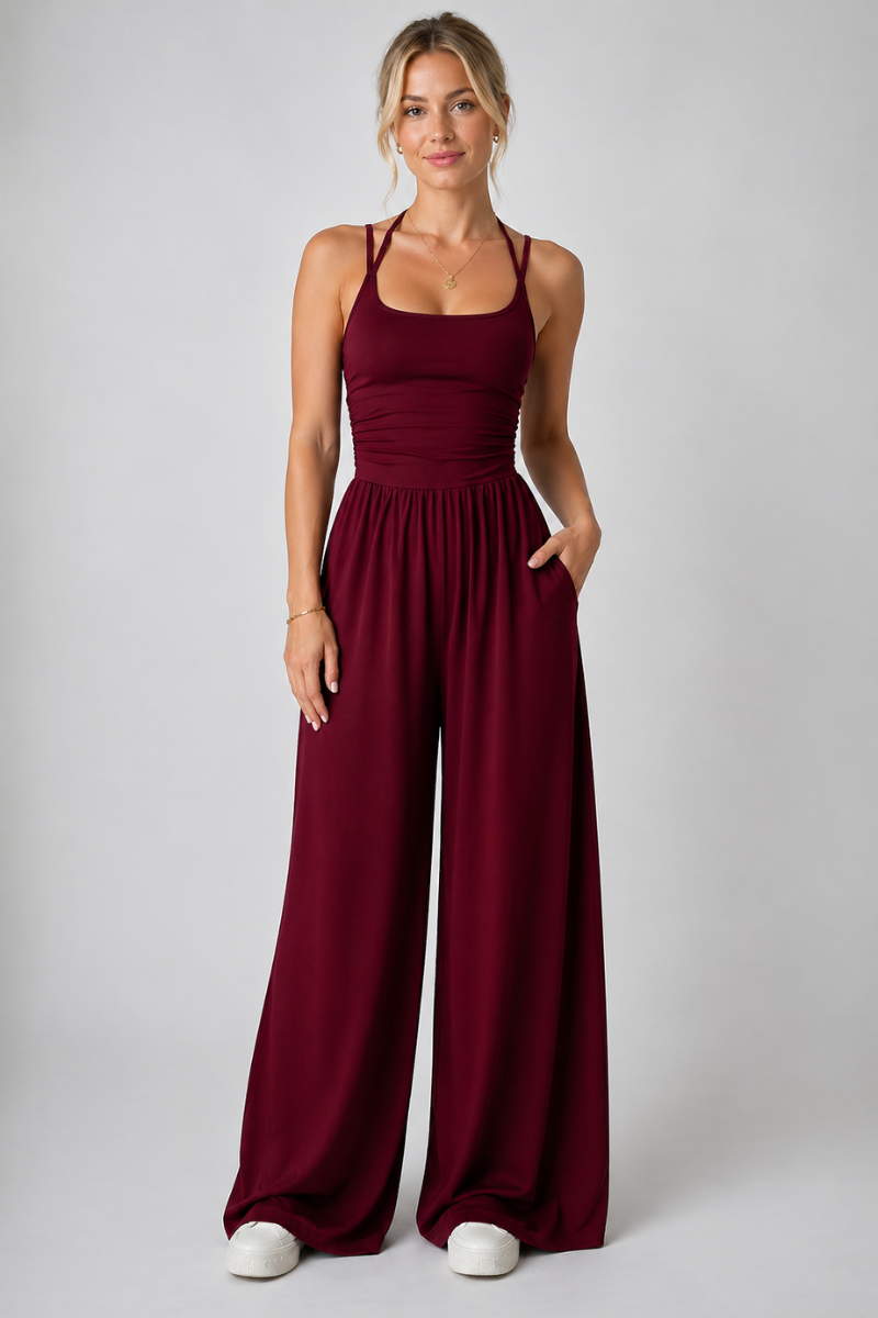 Women’s Halter Neck Backless Jumpsuit – Pleated Casual Wide Leg Cami Jumpsuit