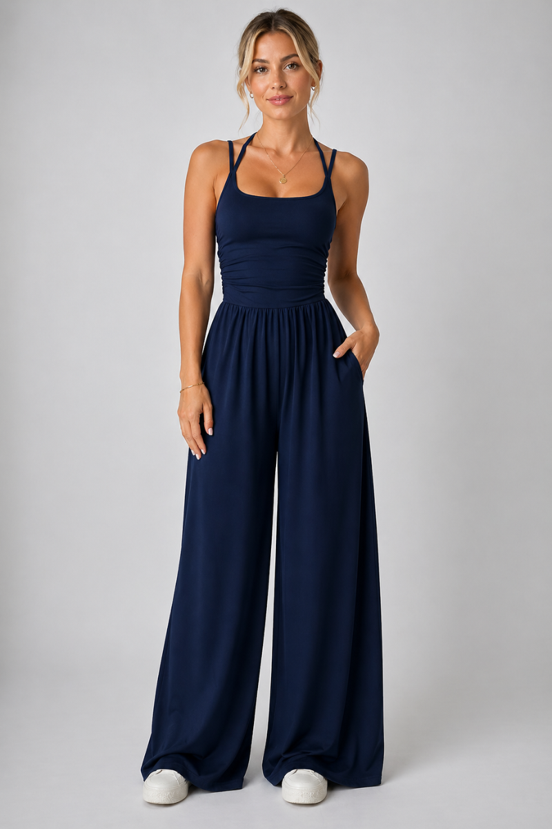 Women’s Halter Neck Backless Jumpsuit – Pleated Casual Wide Leg Cami Jumpsuit