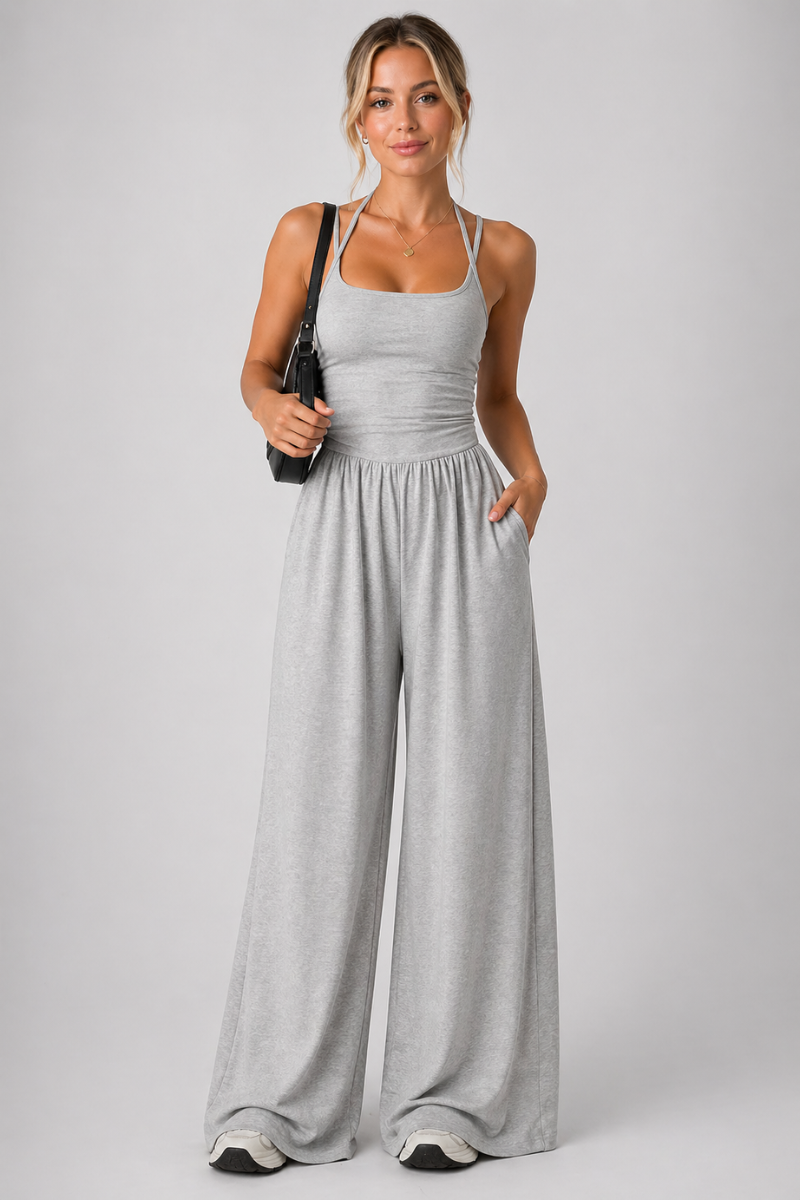 Women’s Halter Neck Backless Jumpsuit – Pleated Casual Wide Leg Cami Jumpsuit