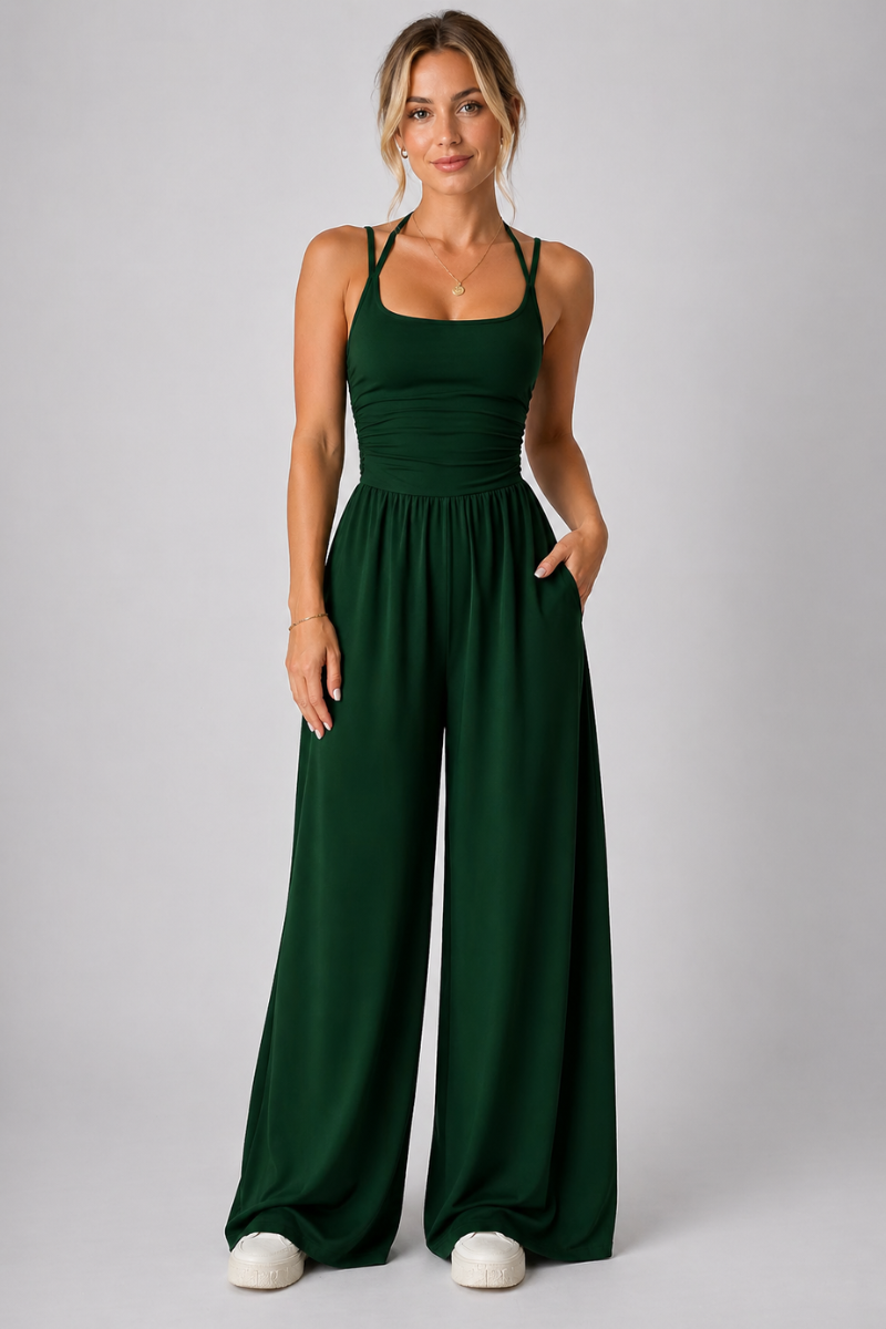 Women’s Halter Neck Backless Jumpsuit – Pleated Casual Wide Leg Cami Jumpsuit