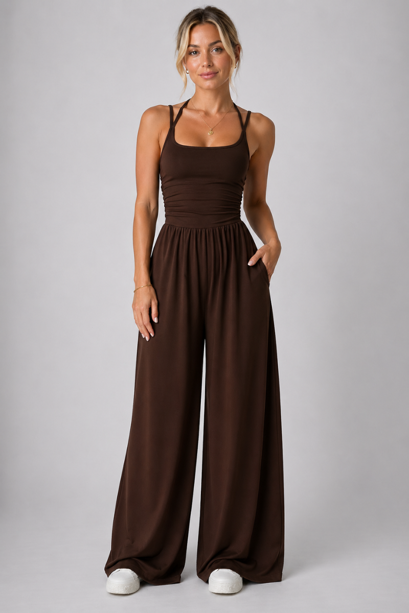 Women’s Halter Neck Backless Jumpsuit – Pleated Casual Wide Leg Cami Jumpsuit