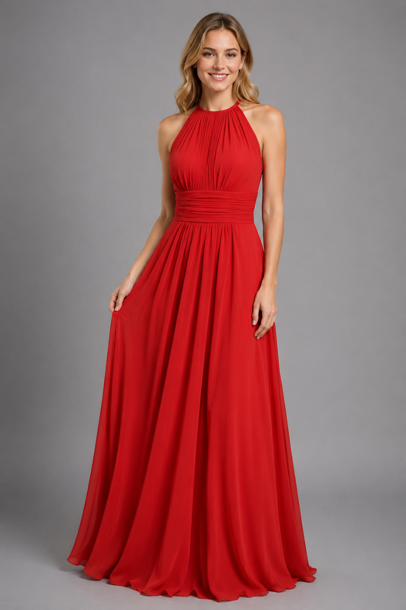 Women's Halter Neck Chiffon Bridesmaid Maxi Dress in Rust