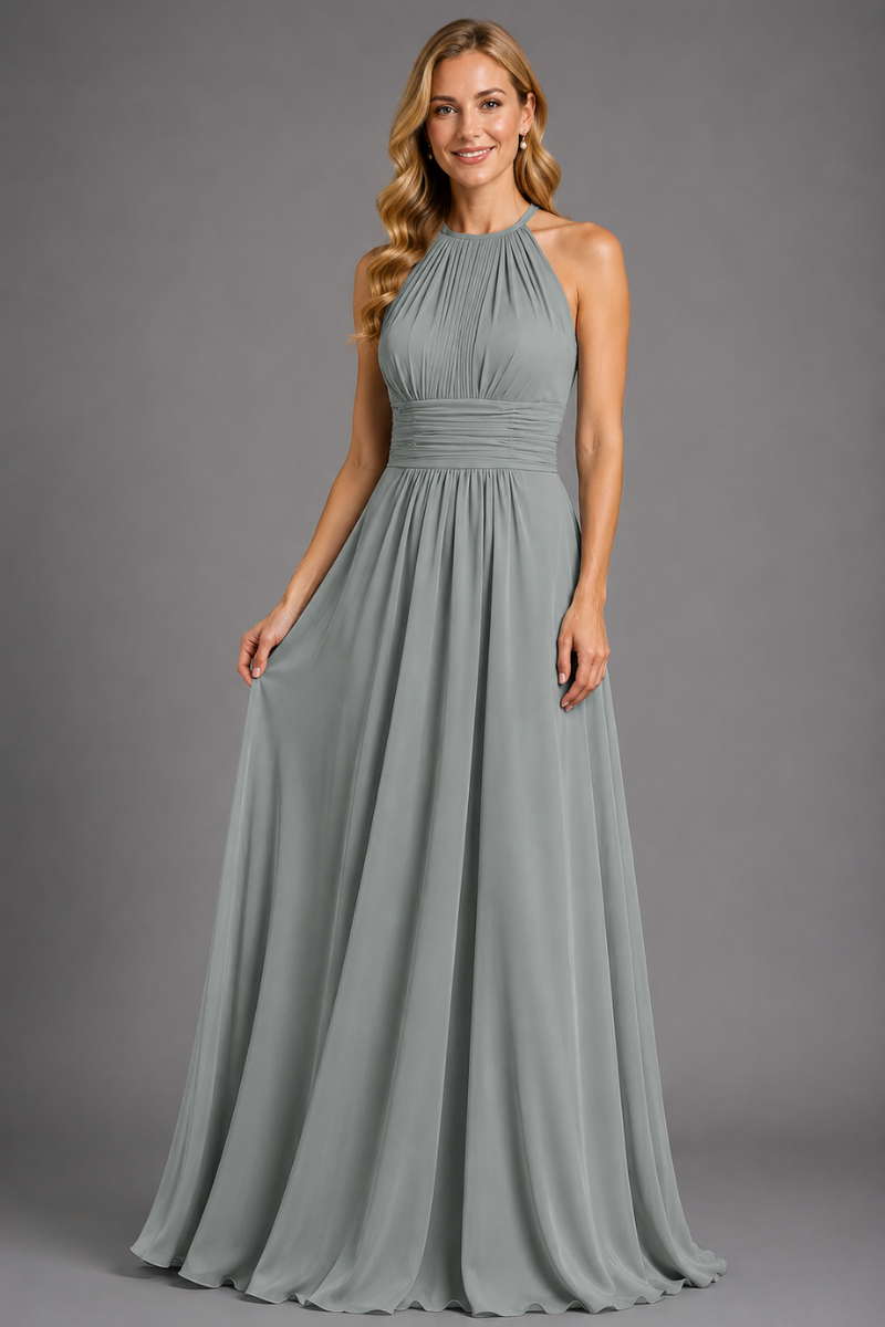 Women's Halter Neck Chiffon Bridesmaid Maxi Dress in Rust