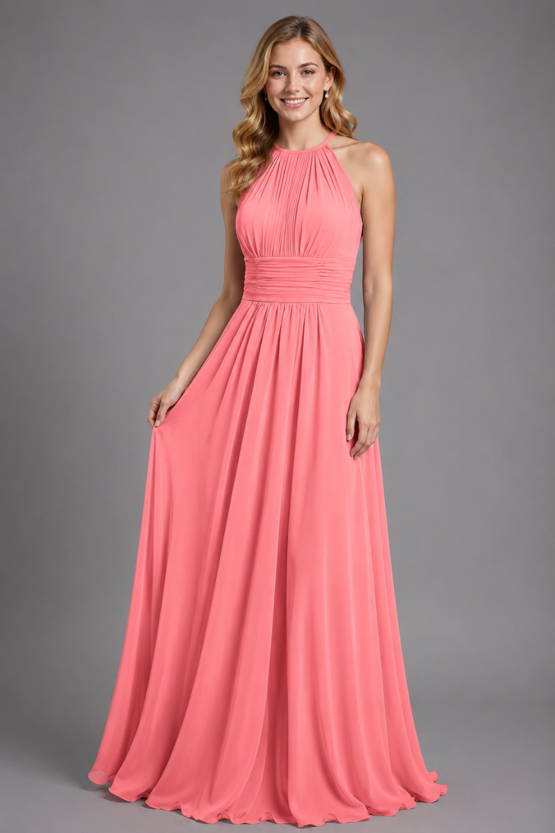 Women's Halter Neck Chiffon Bridesmaid Maxi Dress in Rust