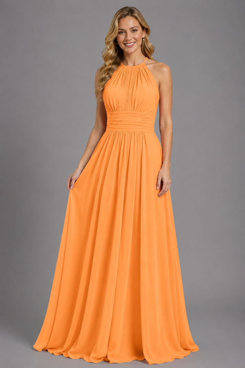 Women's Halter Neck Chiffon Bridesmaid Maxi Dress in Rust