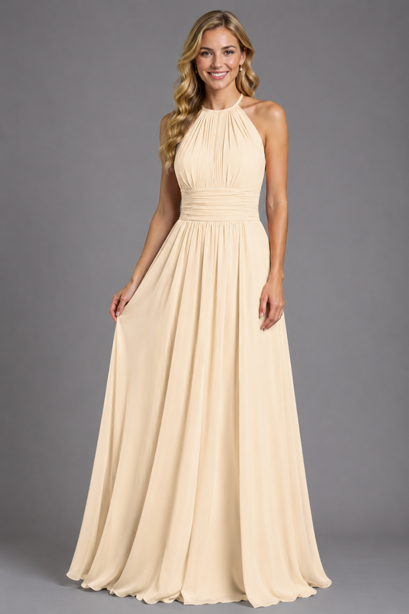 Women's Halter Neck Chiffon Bridesmaid Maxi Dress in Rust