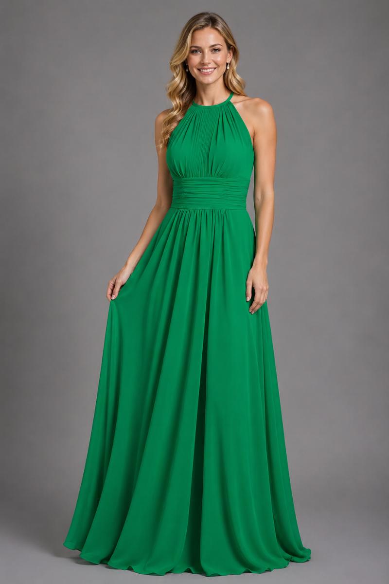 Women's Halter Neck Chiffon Bridesmaid Maxi Dress in Rust