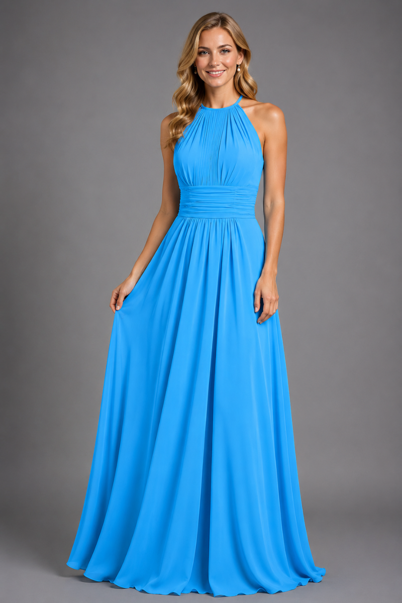 Women's Halter Neck Chiffon Bridesmaid Maxi Dress in Rust