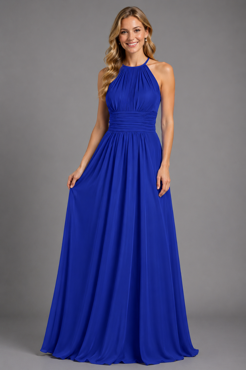 Women's Halter Neck Chiffon Bridesmaid Maxi Dress in Rust