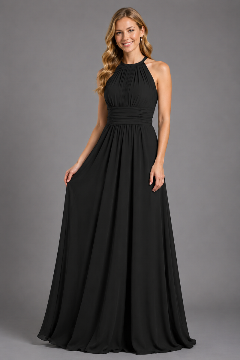 Women's Halter Neck Chiffon Bridesmaid Maxi Dress in Rust