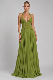 Women's Halter Neck Corset Maxi Dress with Lace-Up Detail – Elegant Evening Dress
