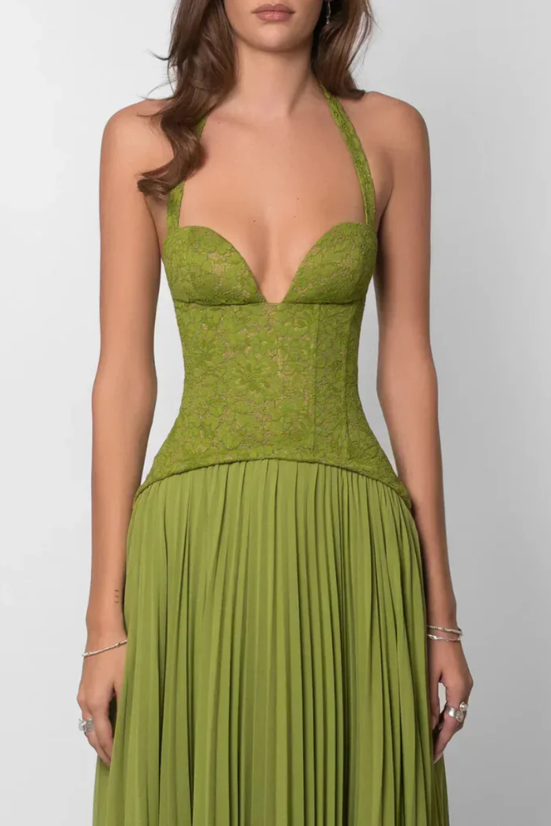 Women's Halter Neck Corset Maxi Dress with Lace-Up Detail – Elegant Evening Dress