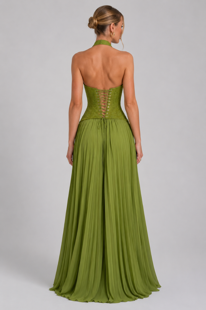 Women's Halter Neck Corset Maxi Dress with Lace-Up Detail – Elegant Evening Dress