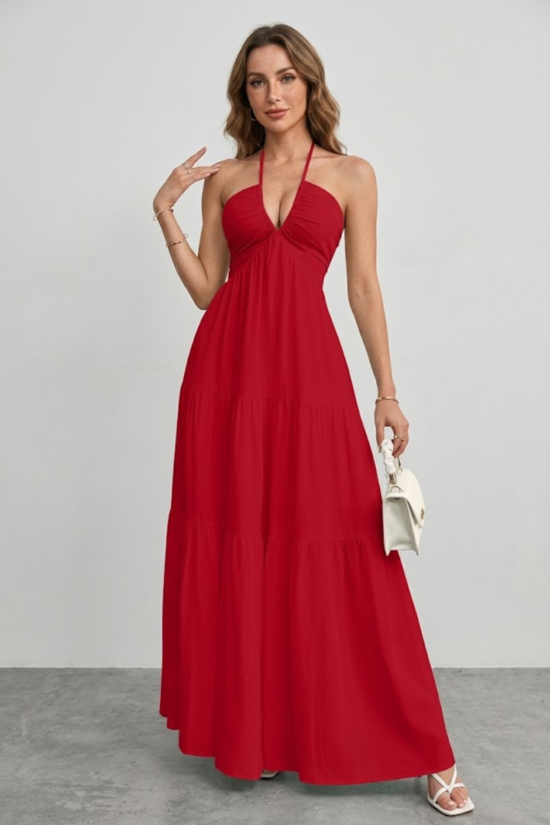 Women's Halter Neck Cotton Maxi Dress – Open Back Tie Detail Long Dress