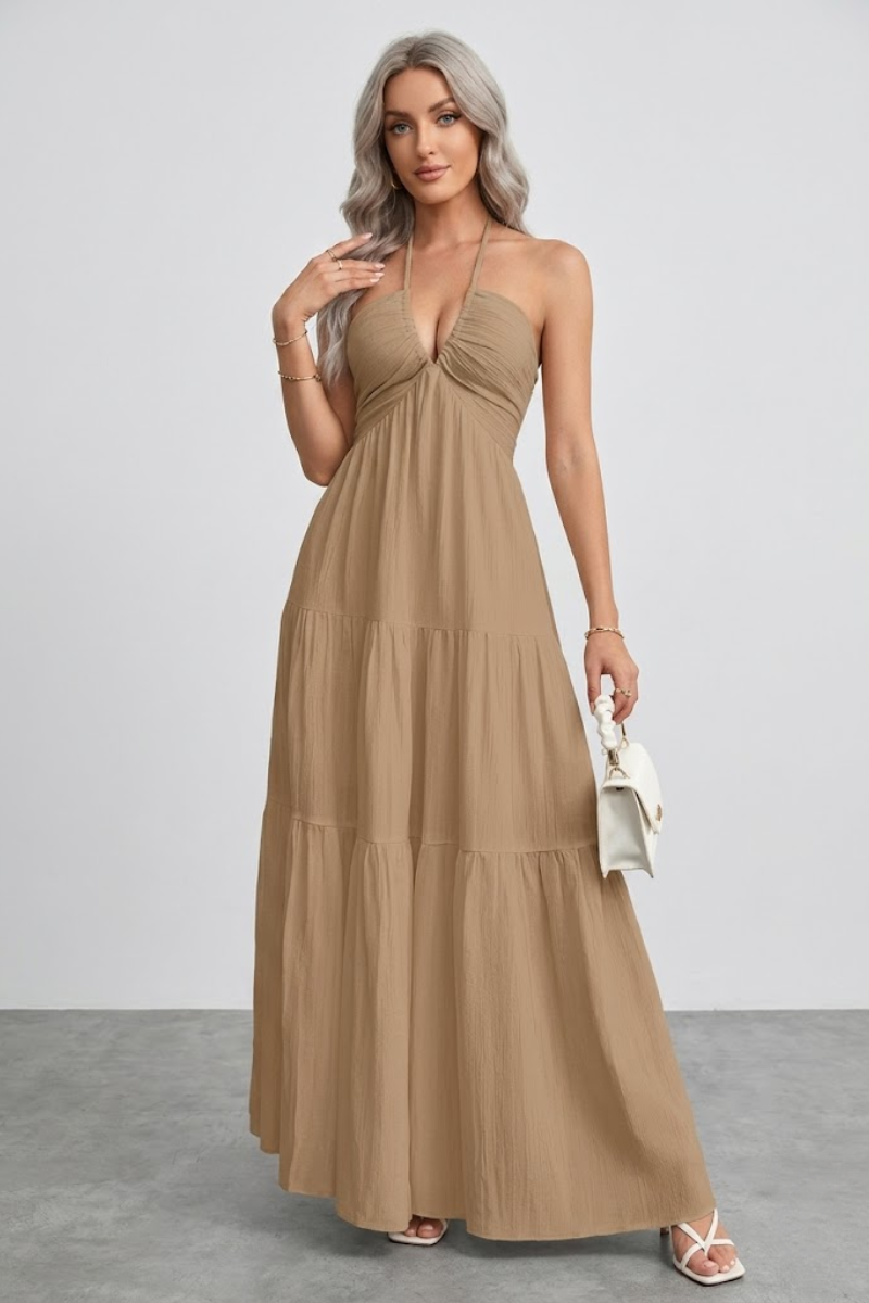 Women's Halter Neck Cotton Maxi Dress – Open Back Tie Detail Long Dress