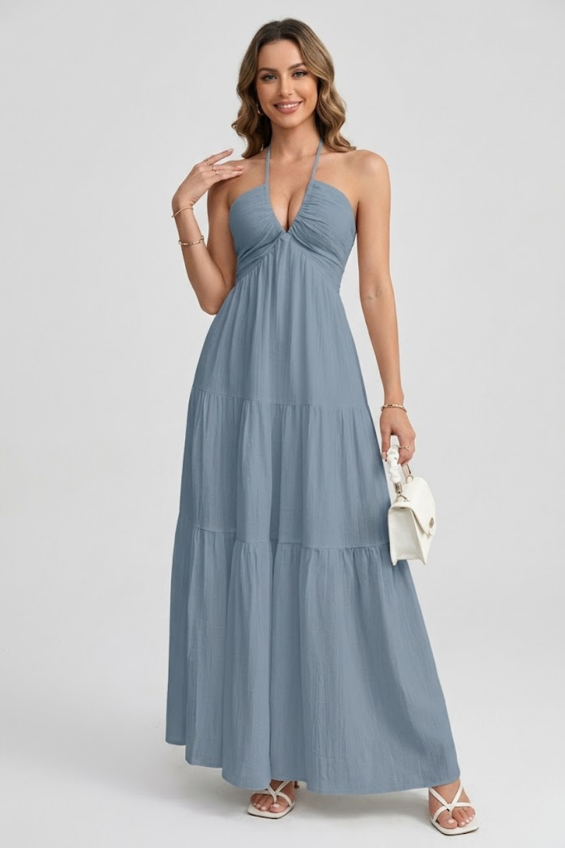 Women's Halter Neck Cotton Maxi Dress – Open Back Tie Detail Long Dress