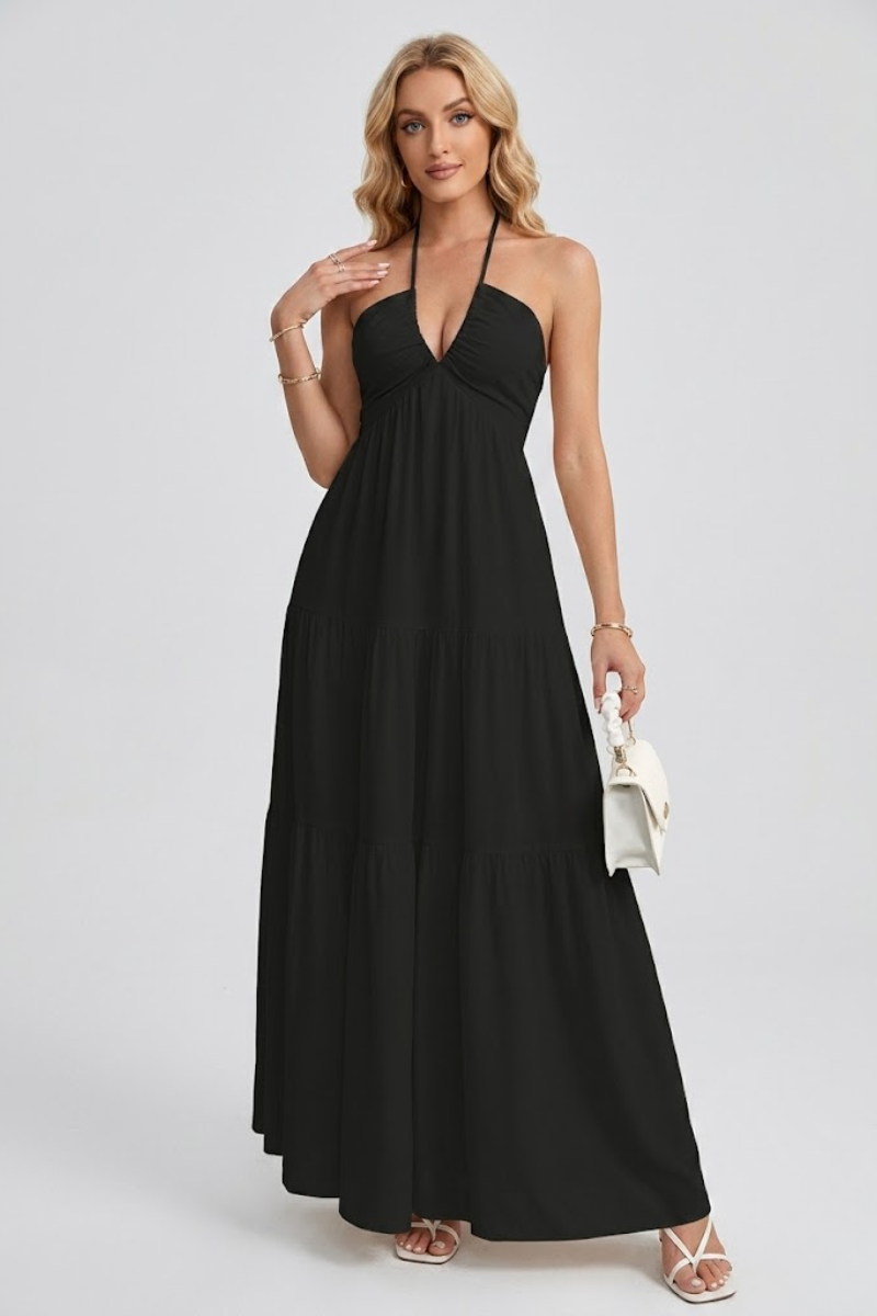 Women's Halter Neck Cotton Maxi Dress – Open Back Tie Detail Long Dress