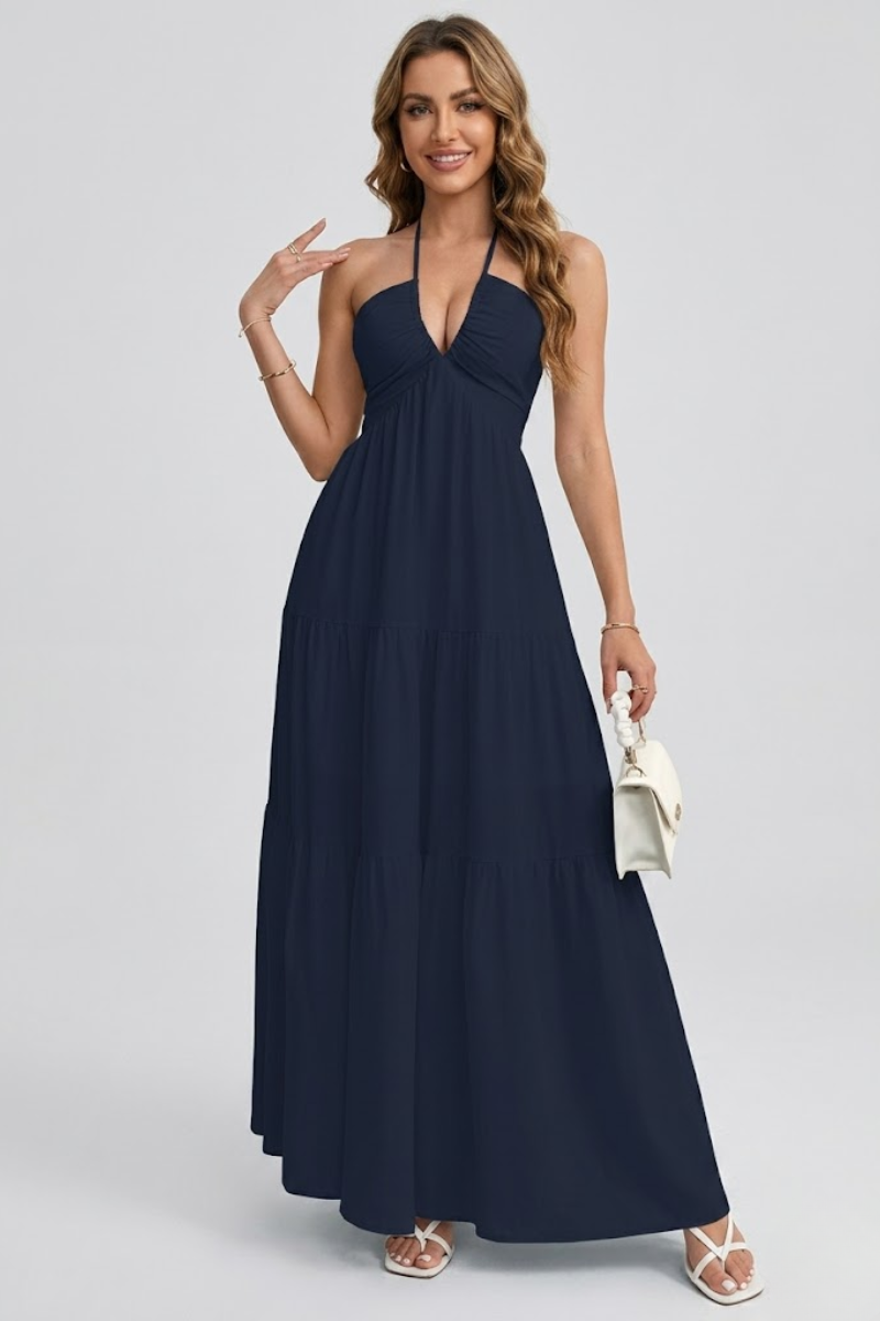 Women's Halter Neck Cotton Maxi Dress – Open Back Tie Detail Long Dress