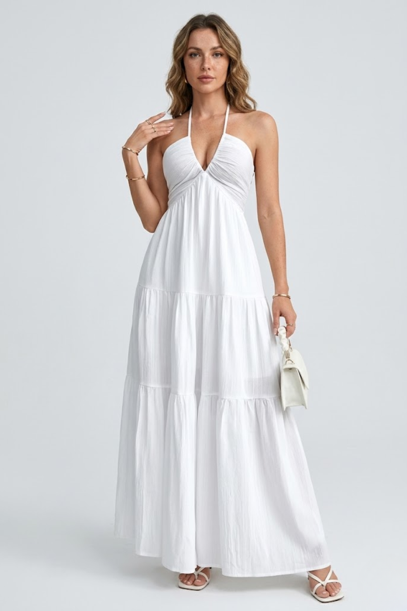 Women's Halter Neck Cotton Maxi Dress – Open Back Tie Detail Long Dress