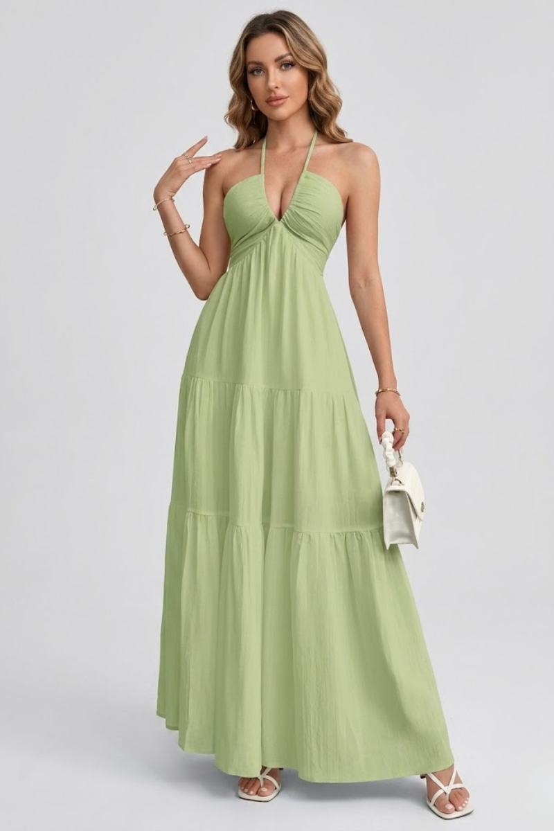 Women's Halter Neck Cotton Maxi Dress – Open Back Tie Detail Long Dress